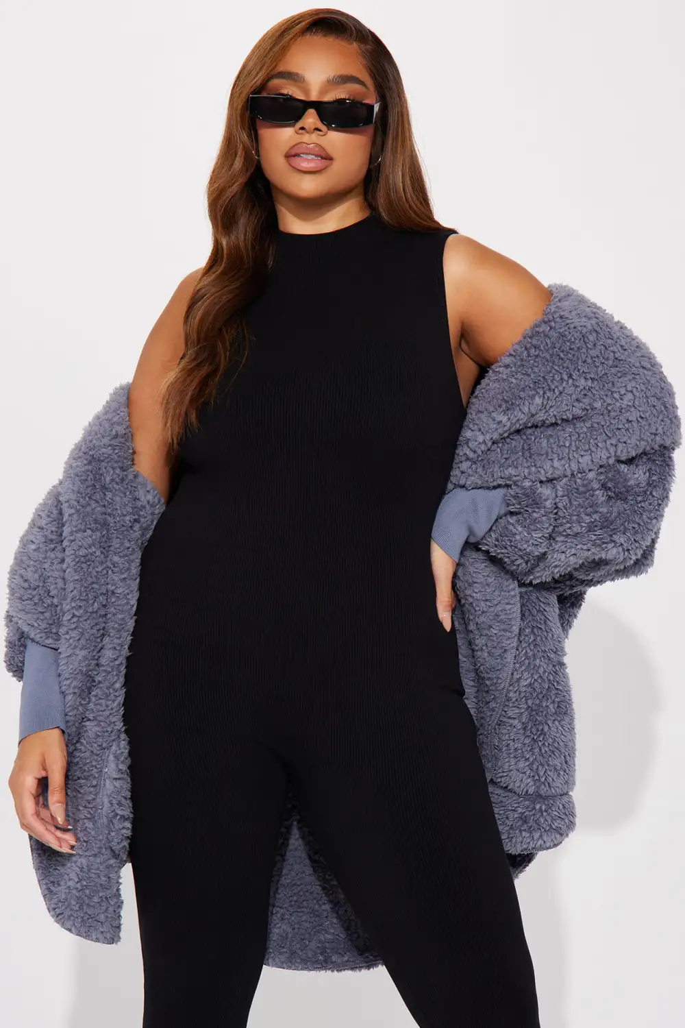 Cozied Up Together Faux Sherpa Jacket - Slate Blue