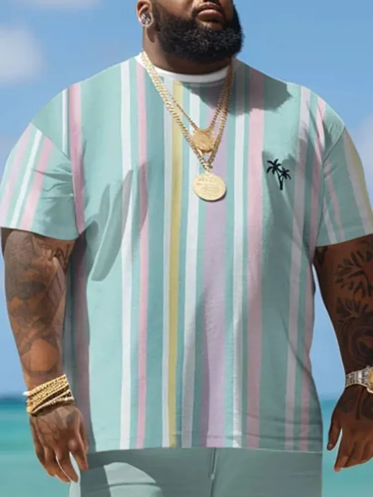 Big Men Hawaiian Striped Coconut Tree Print T-Shirt Shorts Set