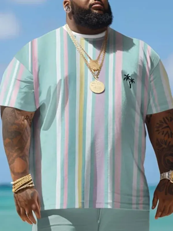 Big Men Hawaiian Striped Coconut Tree Print T-Shirt Shorts Set