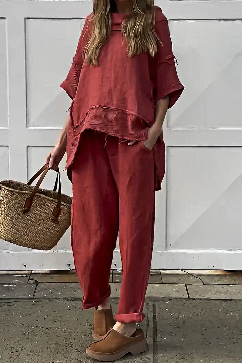 Women'S Casual Cotton And Linen Top And Pants Two-Piece Set