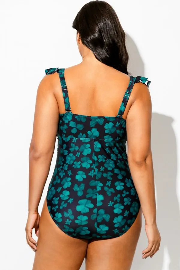 Floral Print Ruffle Sleeve One Piece Swimsuit