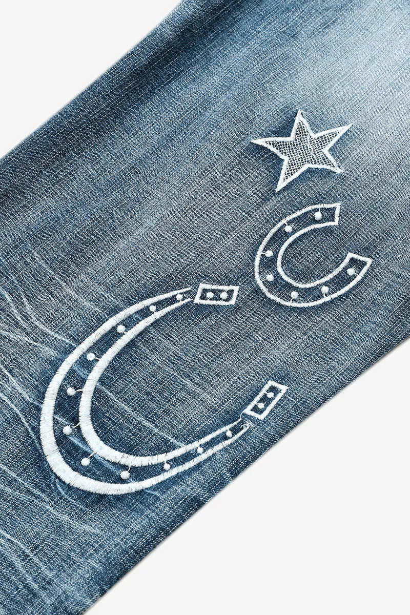 Star & Moon Pattern Double Button Mid Rise Flare Jeans