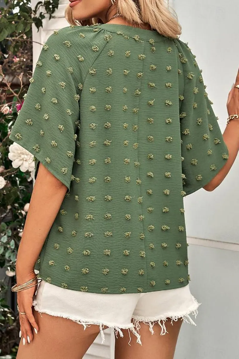 Chiffon Swiss Dot Notched Neck Half Sleeve Blouse