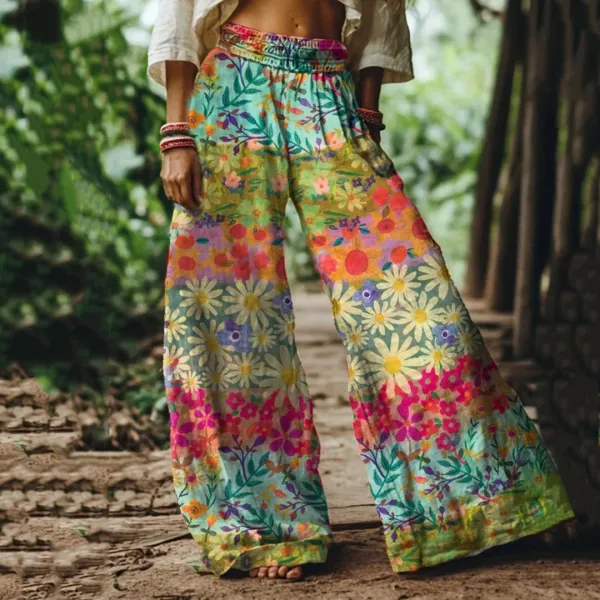Vintage Bohemia Floral Art Women's Linen Blend Casual Pants