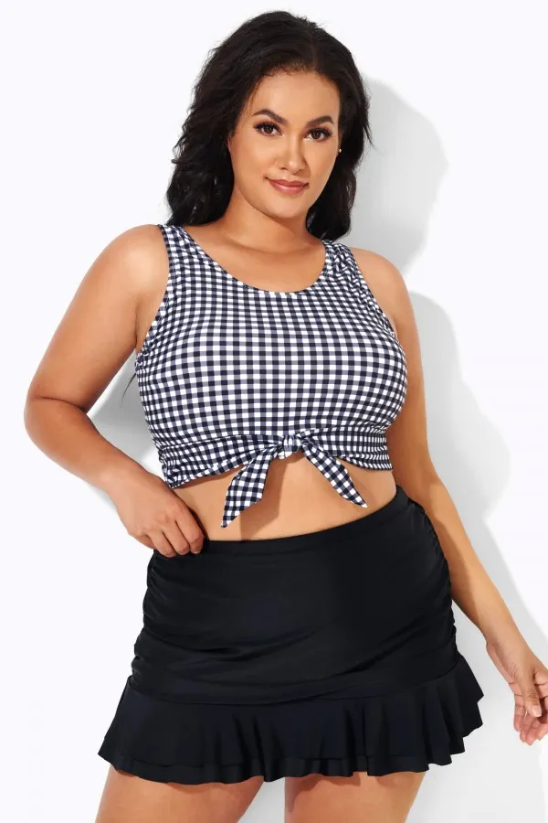 Black Grey Check Knotted Crop Bikini Top