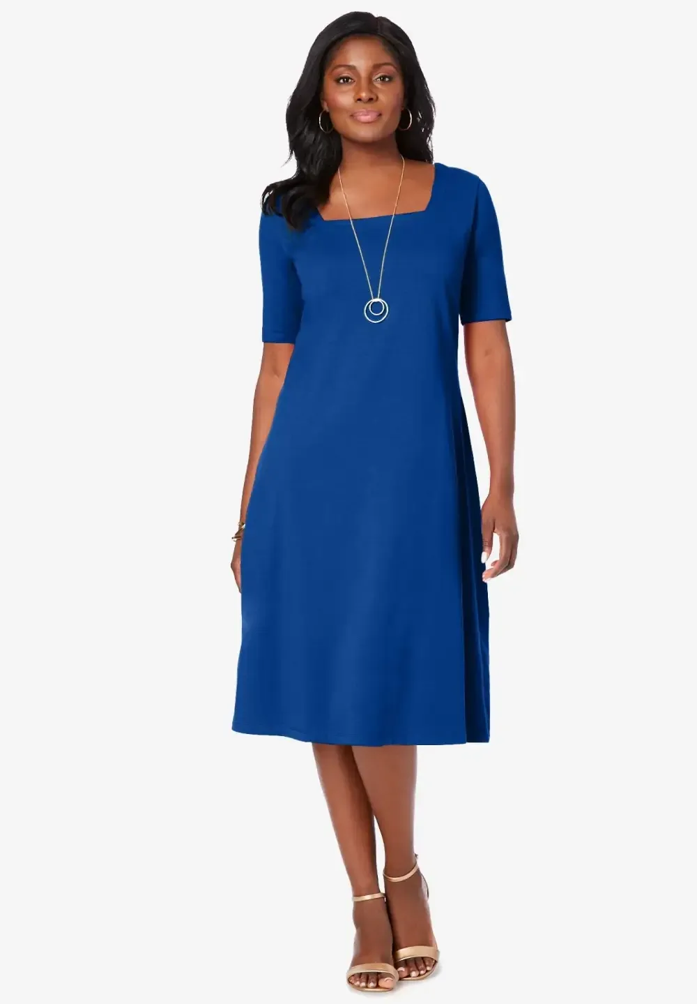 Stretch Cotton Square Neck Midi Dress