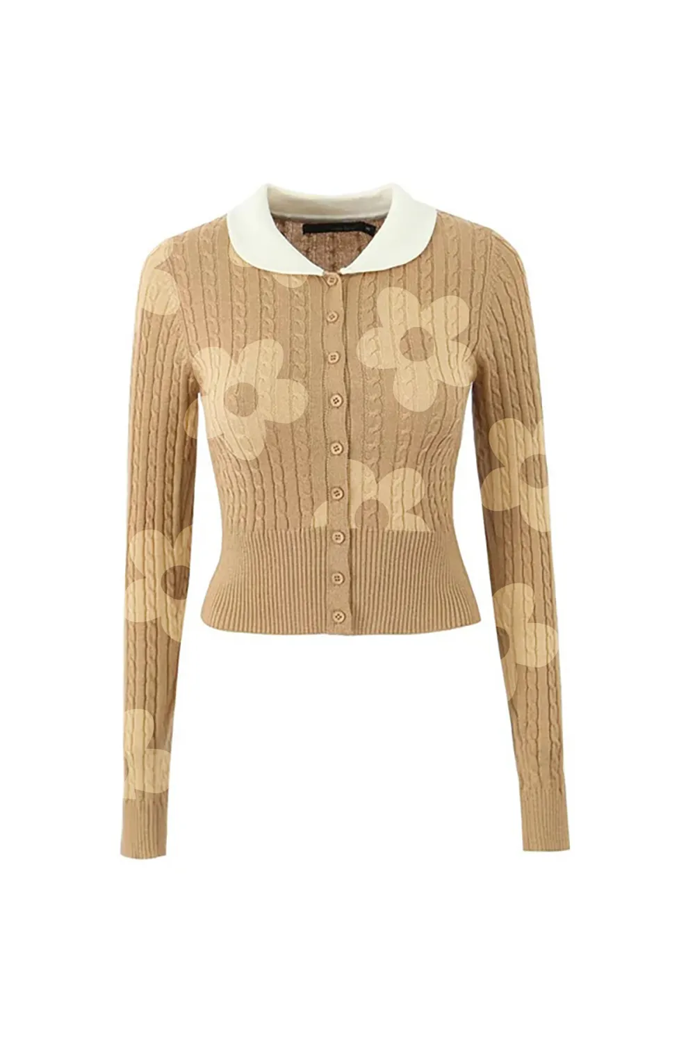 Preppy Contrast Peter Pan Collar Cable Knit Button Up Cropped Cardigan