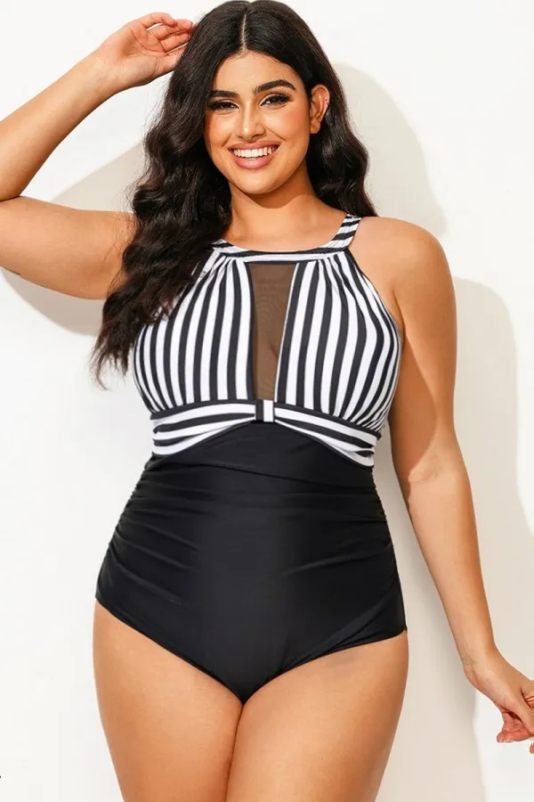 Stripe High Neck Mesh Ruched One Piece Swimsuit