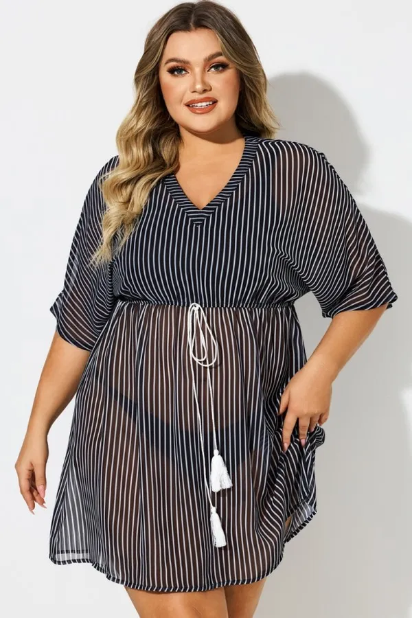 Plus Size Striped Tassel Tie Front Cover Up