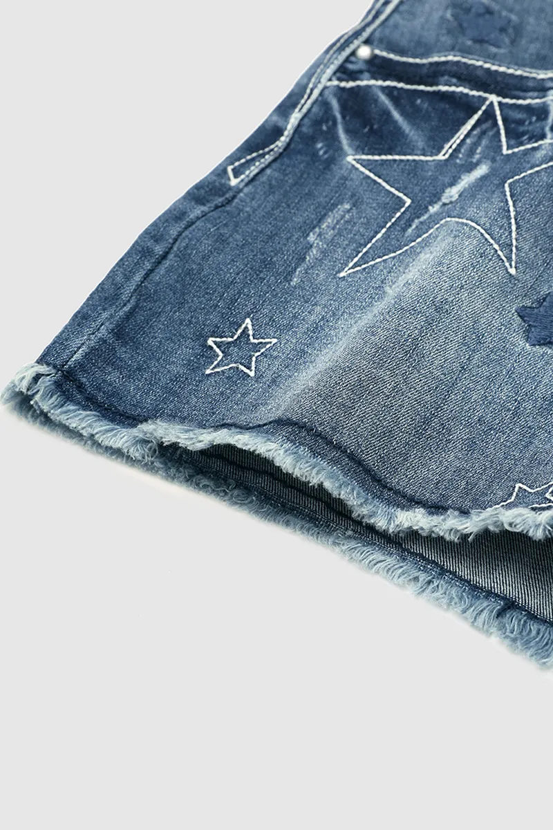 Star Pattern Ripped Raw Hem Mid Rise Denim Shorts