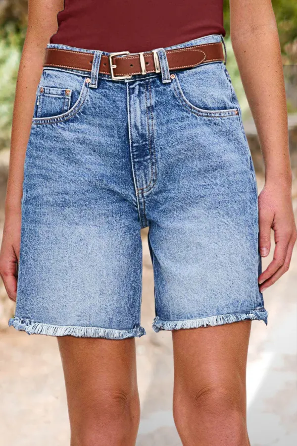Wash Raw Hem Mid Thigh Denim Shorts Without Belt