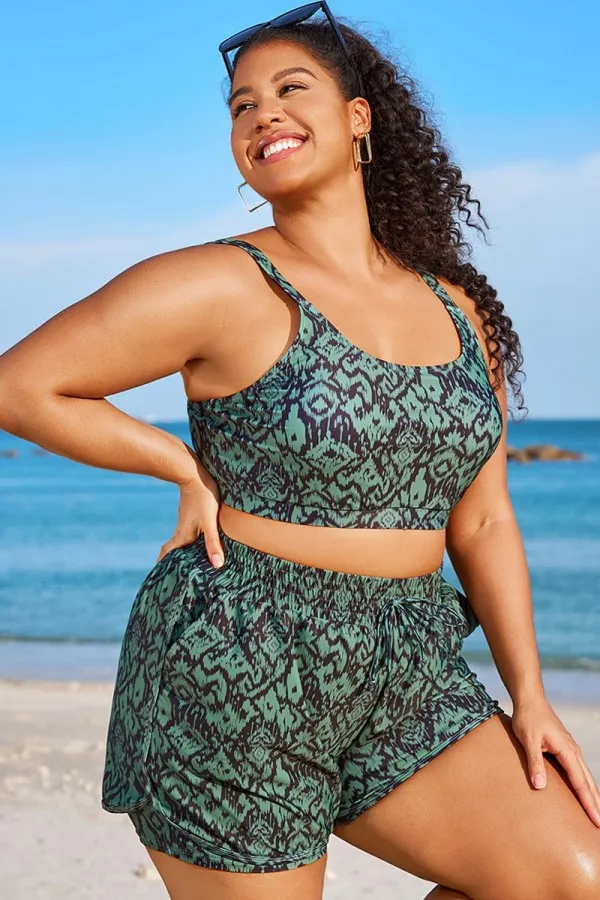 Green Ikat Print Wide Strap Women Bikini Top