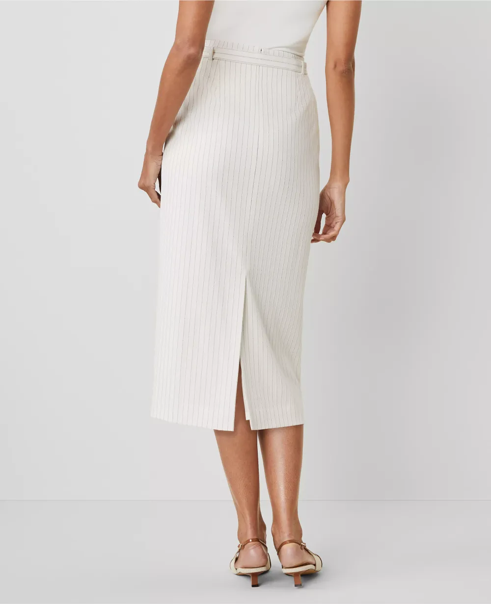 Pinstripe Belted Midi Pencil Skirt