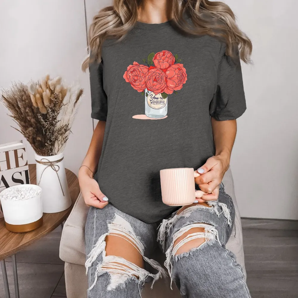 Slogan And Illustration, A Few Red Roses In A Glass Bottle, Casual T-Shirt