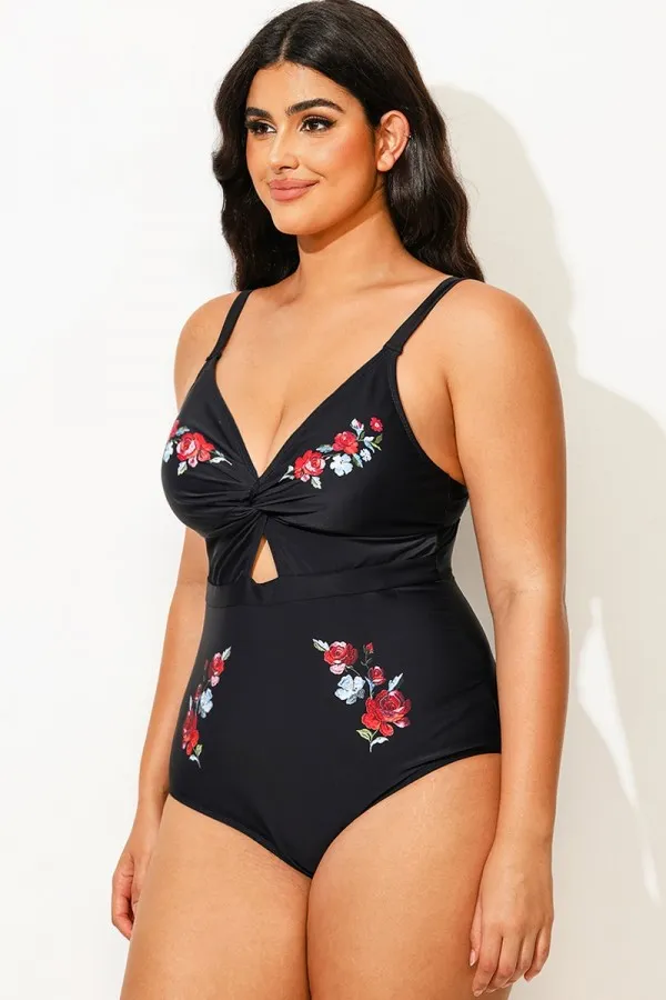 Black Flower Adjustable Straps Cut Out Front One Piece Swimsuit