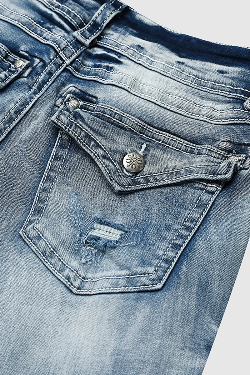 Wash Stretchy Ripped Flap Decor Low Waist Crop Jeans