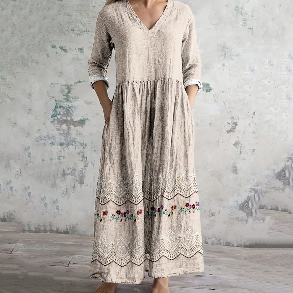 Women's Vintage Floral Embroidered Lace Art Linen Dress