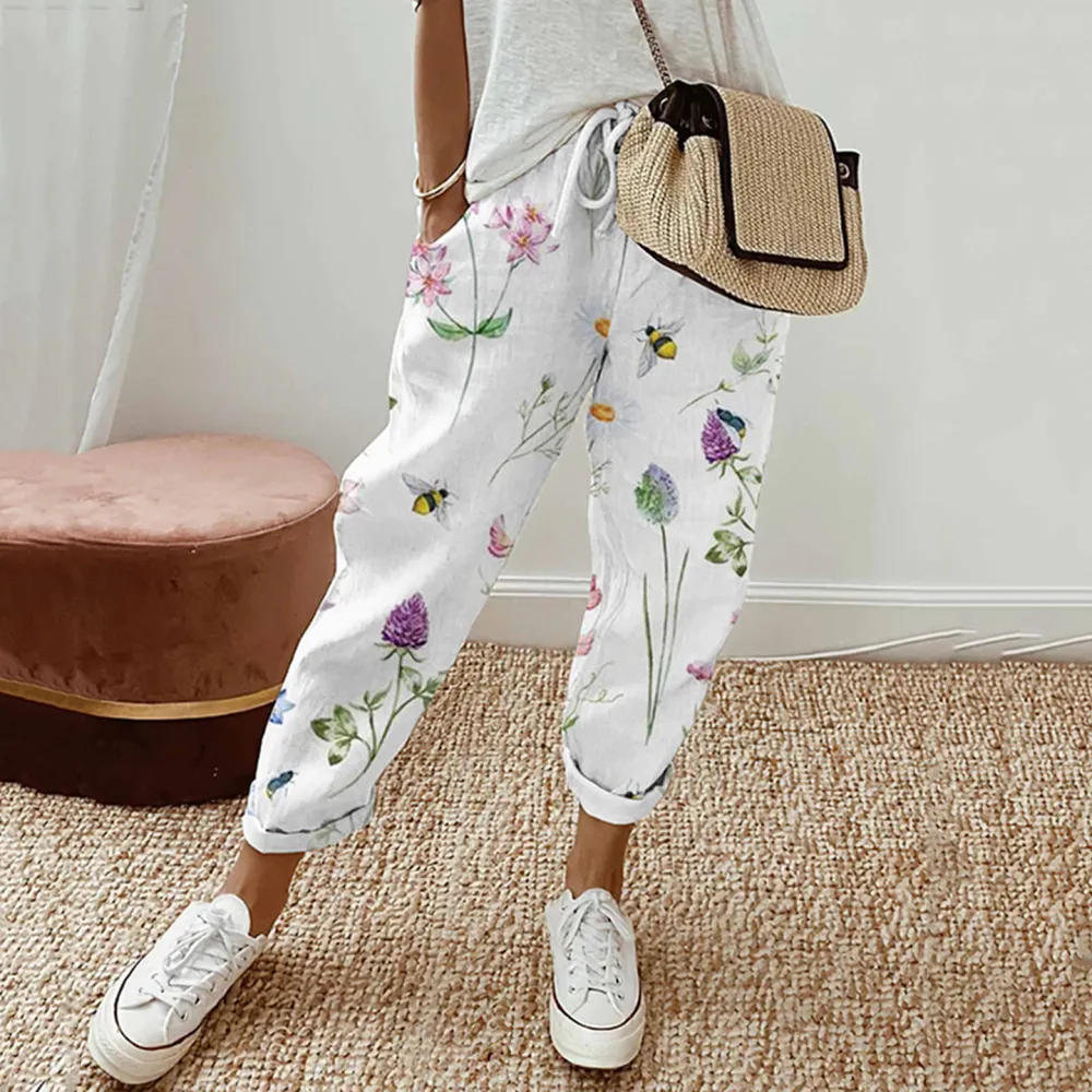 Bees Floral Print Elastic Drawstring High Rise Straight Leg Trousers