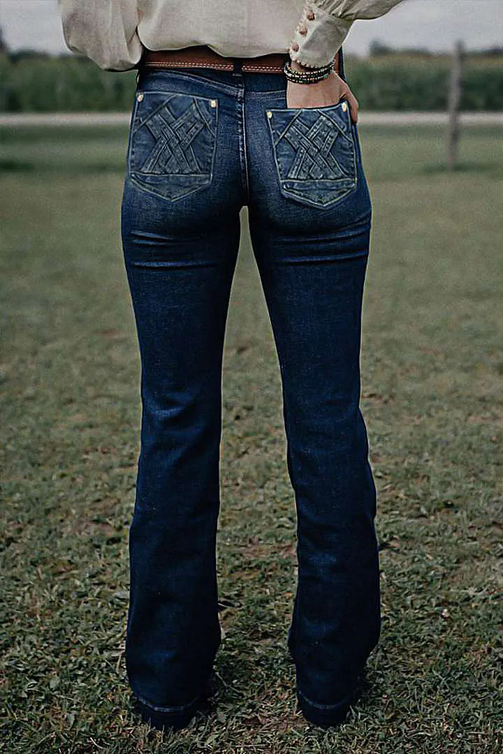 Wash Braided Decor Mid Rise Flare Jeans Without Belt