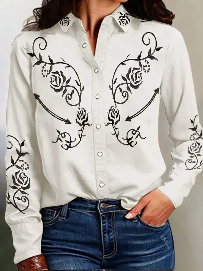 Women's Vintage Western Print Long Sleeve Shirt