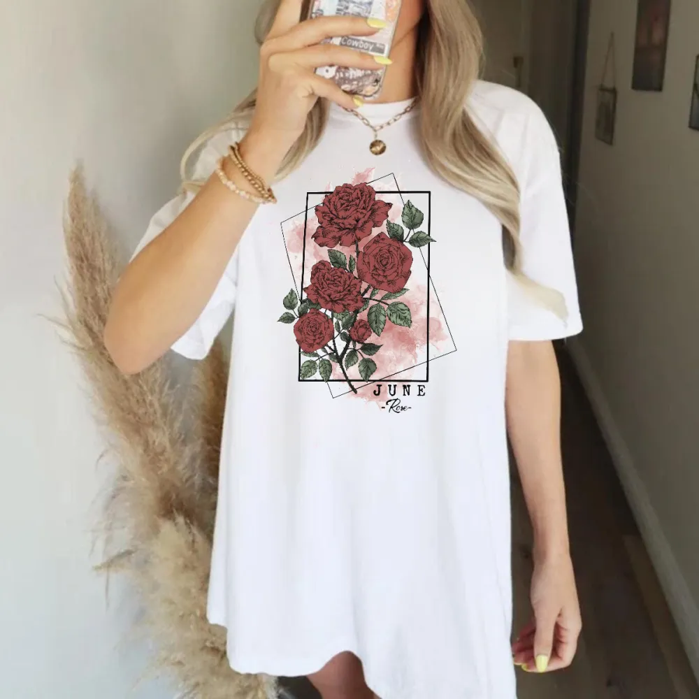“June”, “Flor”, A Floral Pattern With Deep Red Roses And Green Leaves On A Light Pink Watercolor Background Framed By A Black Square, Casual T-Shirt