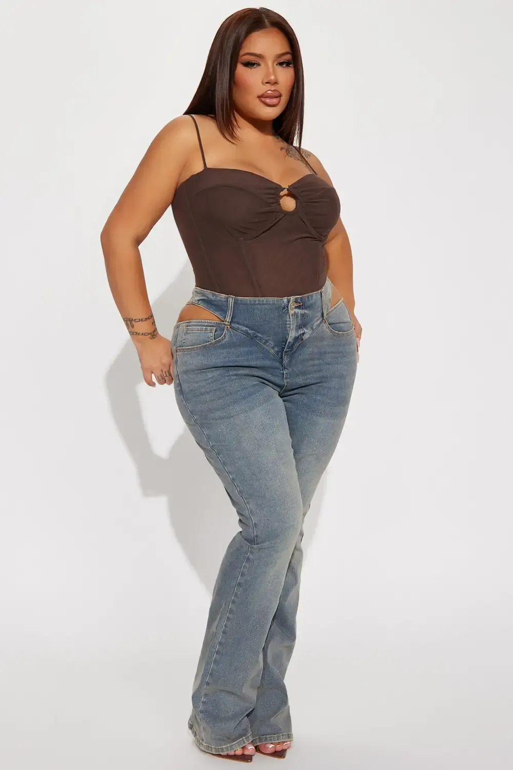 Cause A Scene Cut Out Stretch Bootcut Jean - Vintage Blue Wash