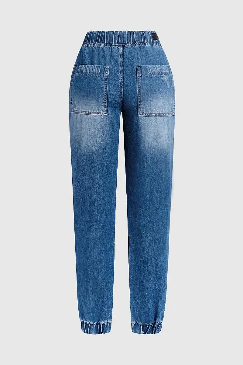 Cut Out Slant Pocket Drawstring Mid Rise Straight Leg Cropped Jeans