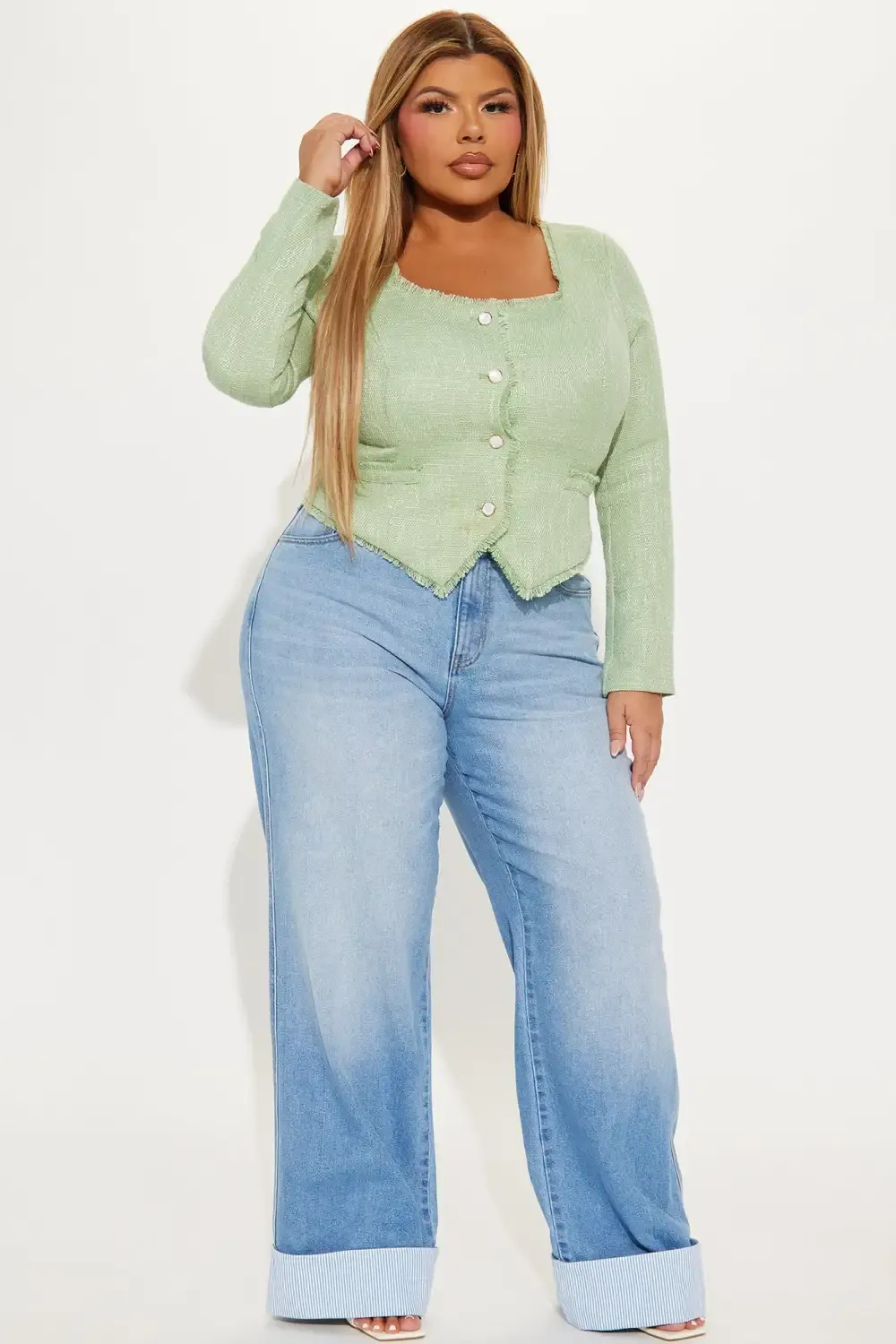 Well Suited Cuffed Stretch Wide Leg Jeans - Light Wash