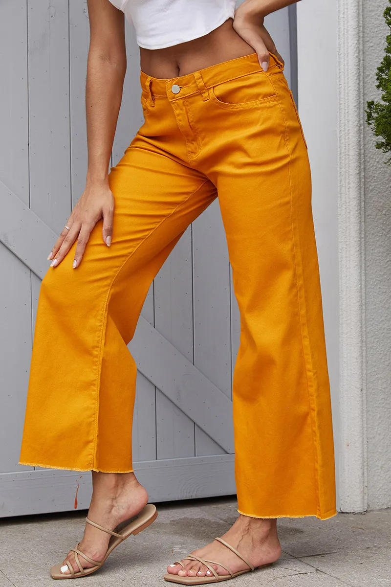 Tall Washed Raw Hem Mid Waist Wide Leg Jeans