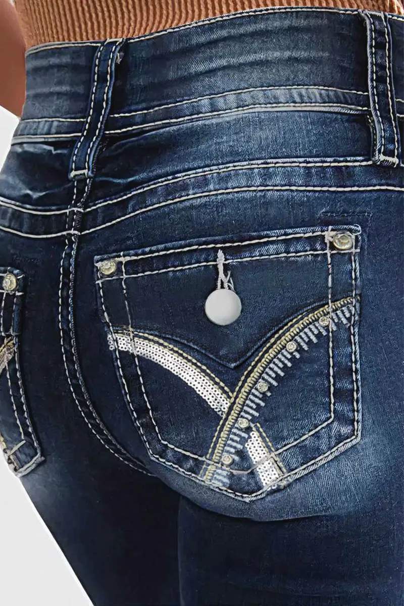 Double Button Wash High Stretch Mid Waist Skinny Jeans