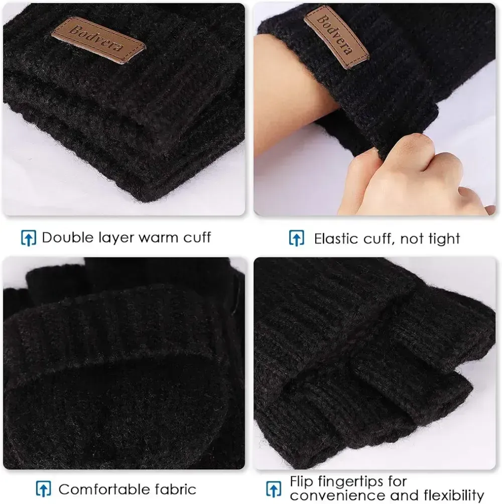 Bodvera Thermal Insulation Fingerless Texting Wool Gloves for Women and Men Winter Warm Knitted Convertible Mittens Flap