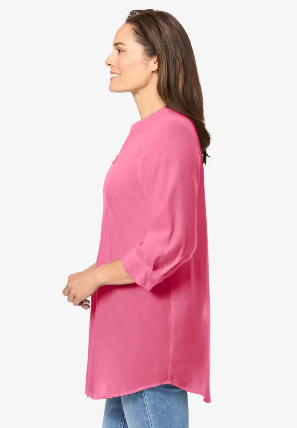 Rayon 7-Day Three-Quarter Sleeve Tab-Front Tunic