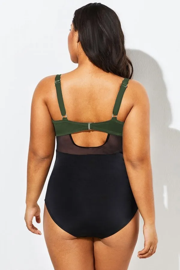 Colorblock Cut Out Mesh Underwire One Piece Swimsuit