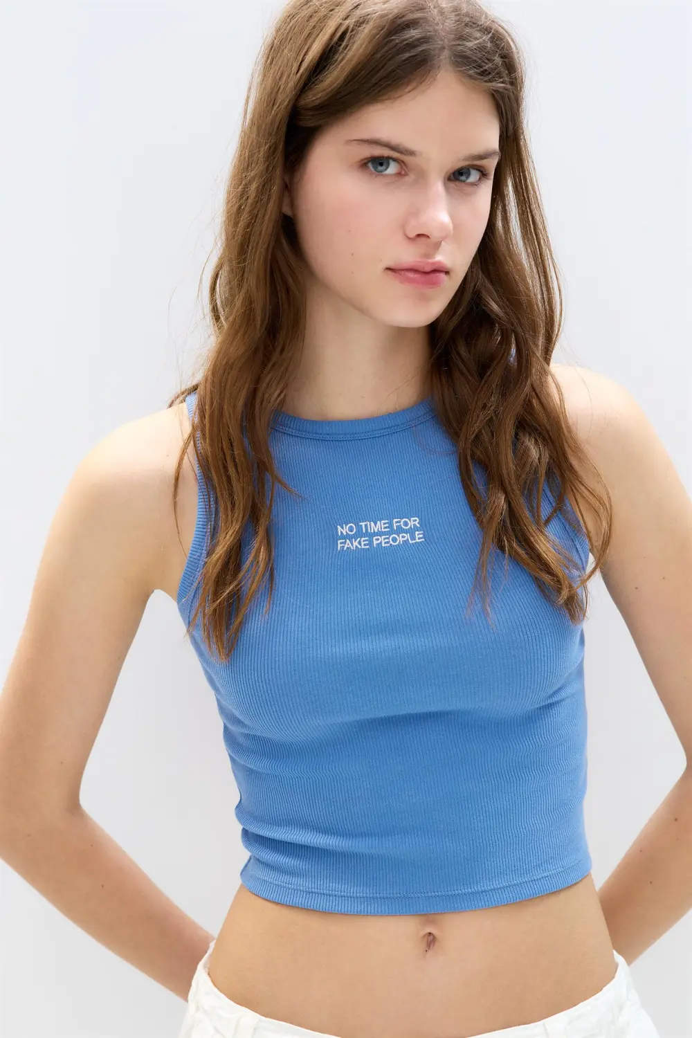 Blue tank top with slogan