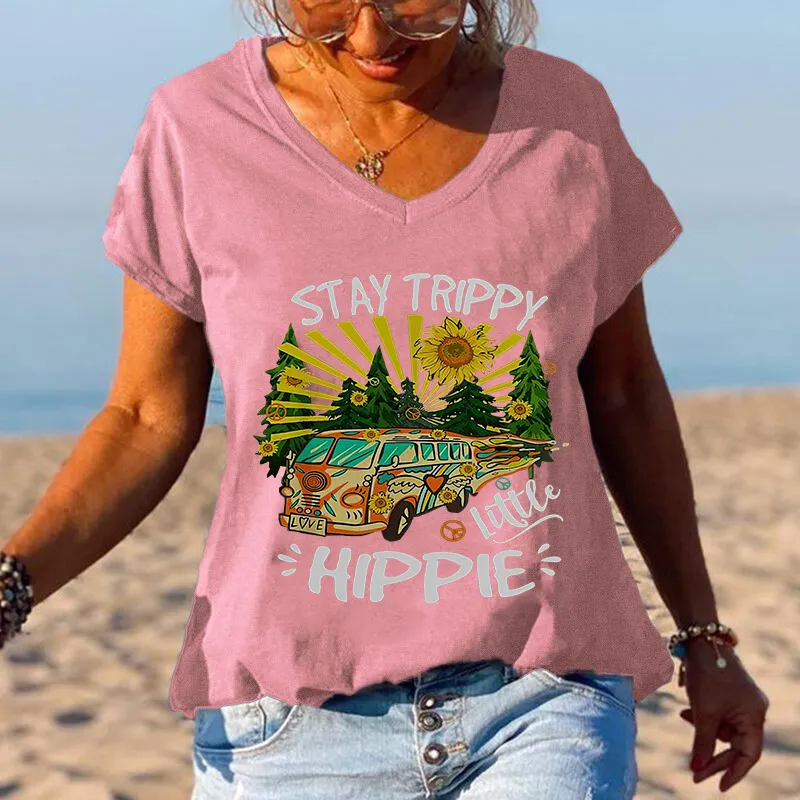 Stay Trippy Little Hippie Women V-neck Casual Outdoor Tees