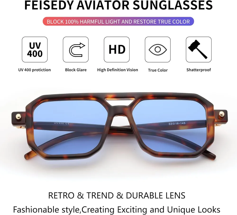 FEISEDY Vintage Square 70s Flat Aviator Sunglasses Women Men Classic Retro Stylish Frame UV400 Sunglasses B2622