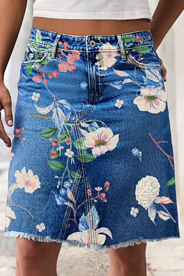 Floral Pattern Raw Hem Stitch Detail Mid Waist Denim Knee Length Skirt