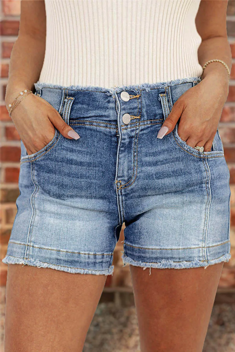 Raw Trim Ripped Dual Button High Waist Denim Shorts