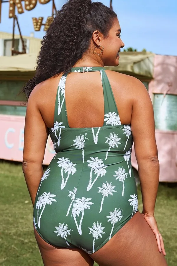 Green Palm Tree Slim One Piece Swimsuit
