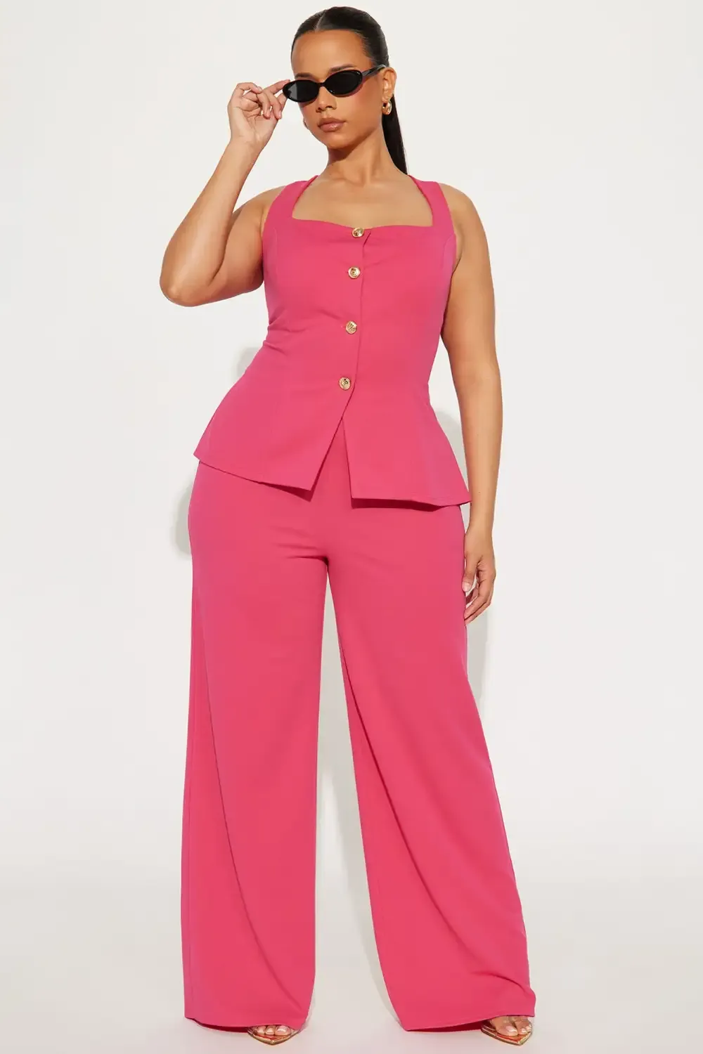 Ready For Business Office Vest Wide Leg Pant Set - Fuchsia