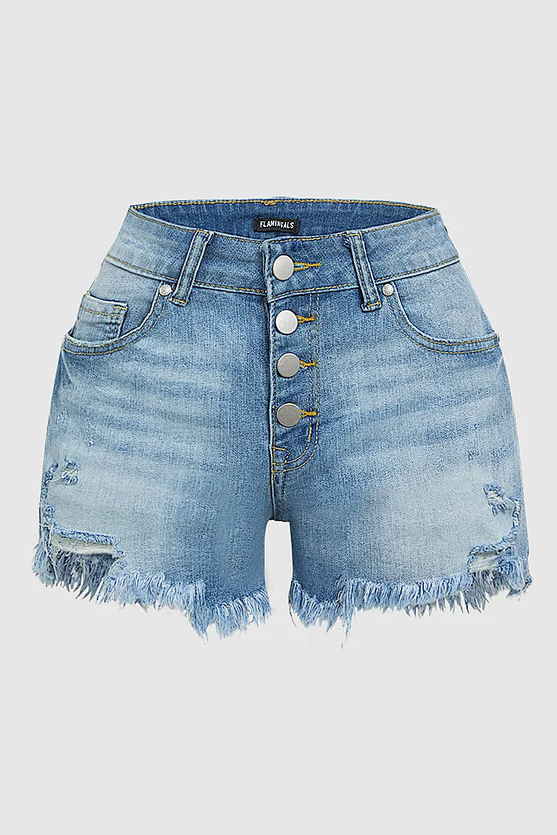 Embroidery Ripped Raw Hem Button Fly Mid Rise Denim Shorts