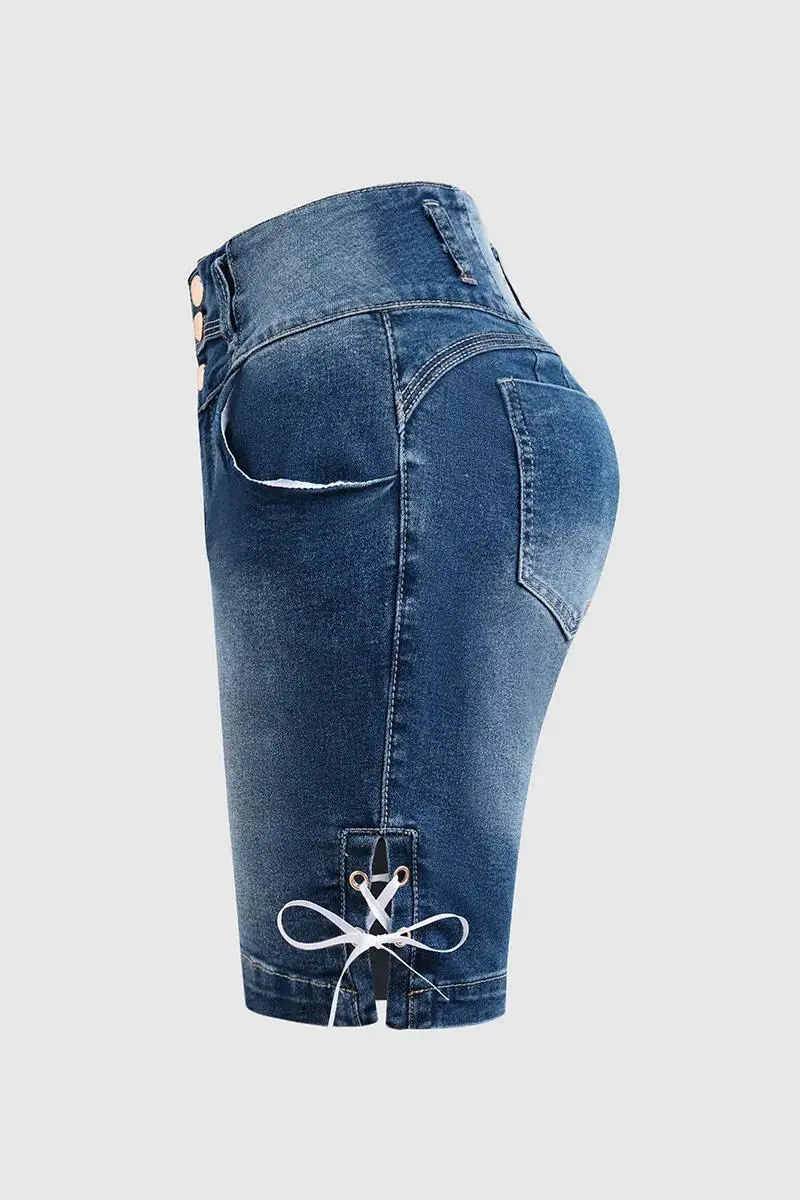 Button Fly Lace Up Side Mid Thigh Denim Shorts