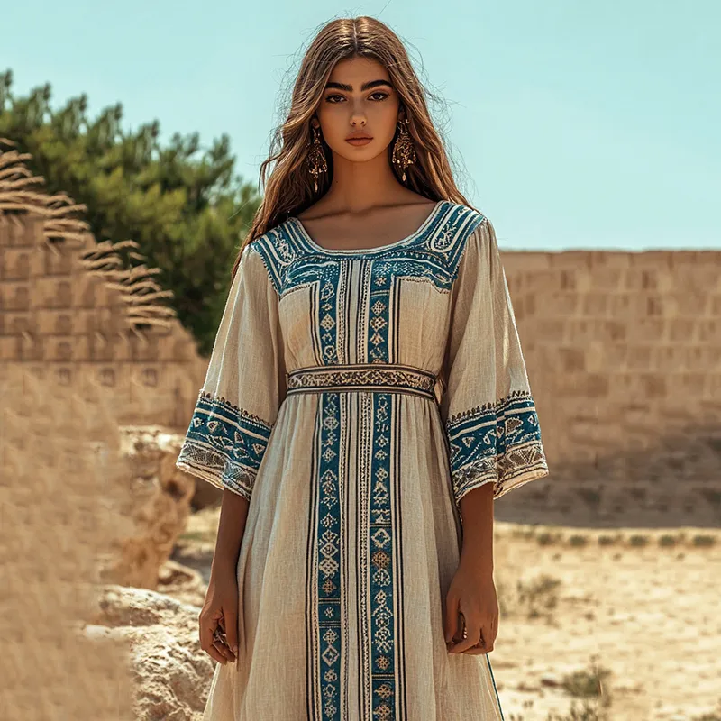 Retro Classic Greek Ethnic Graphics Crew Neck Linen Blend Maxi Dress
