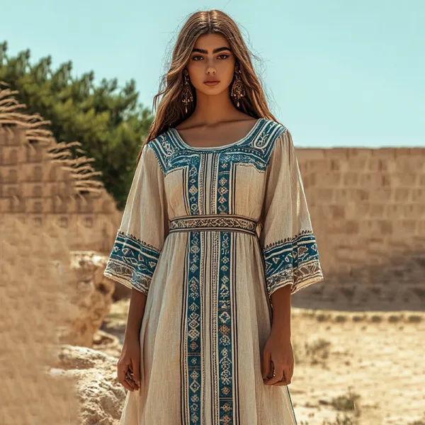 Retro Classic Greek Ethnic Graphics Crew Neck Linen Blend Maxi Dress