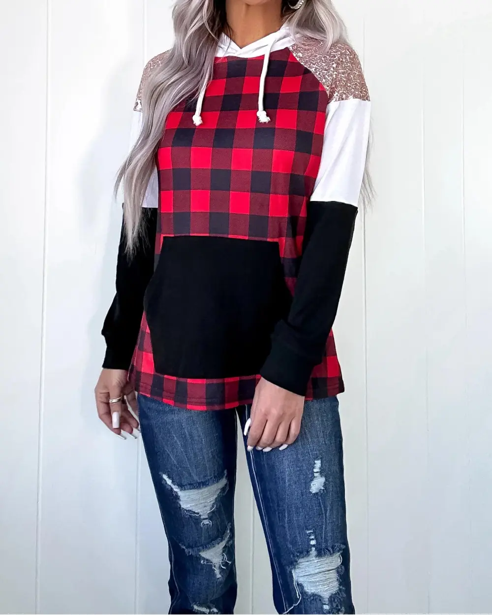 Red Plaid Sequin Hoodie