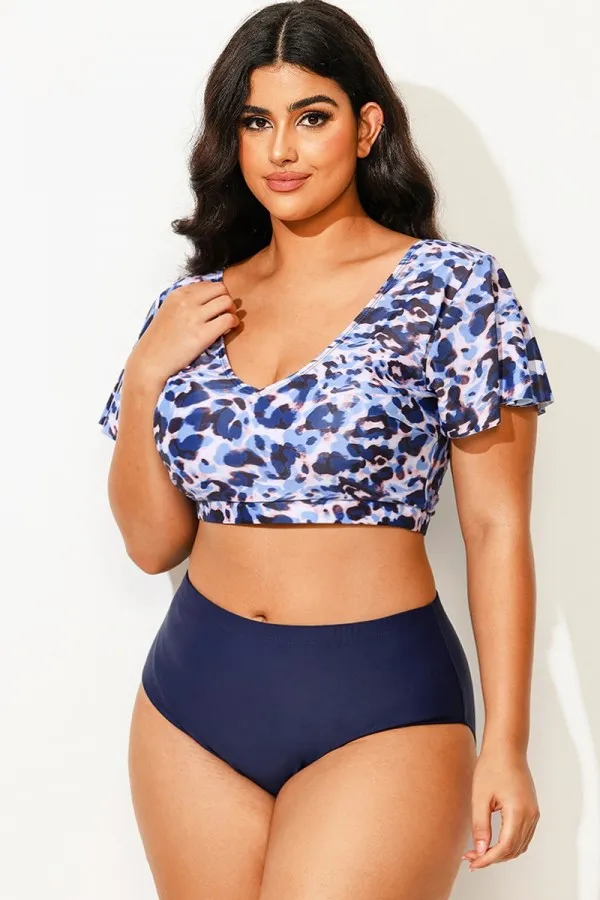 Floral Print V-Neck Flutter Sleeve Bikini Top