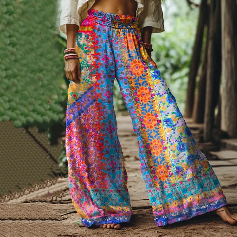 Holiday Floral Print Loose Linen Blend Pants