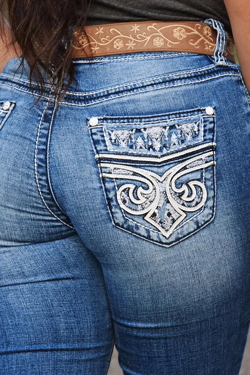 Wash Baroque Embroidery Mid Rise Bootcut Jeans Without Belt