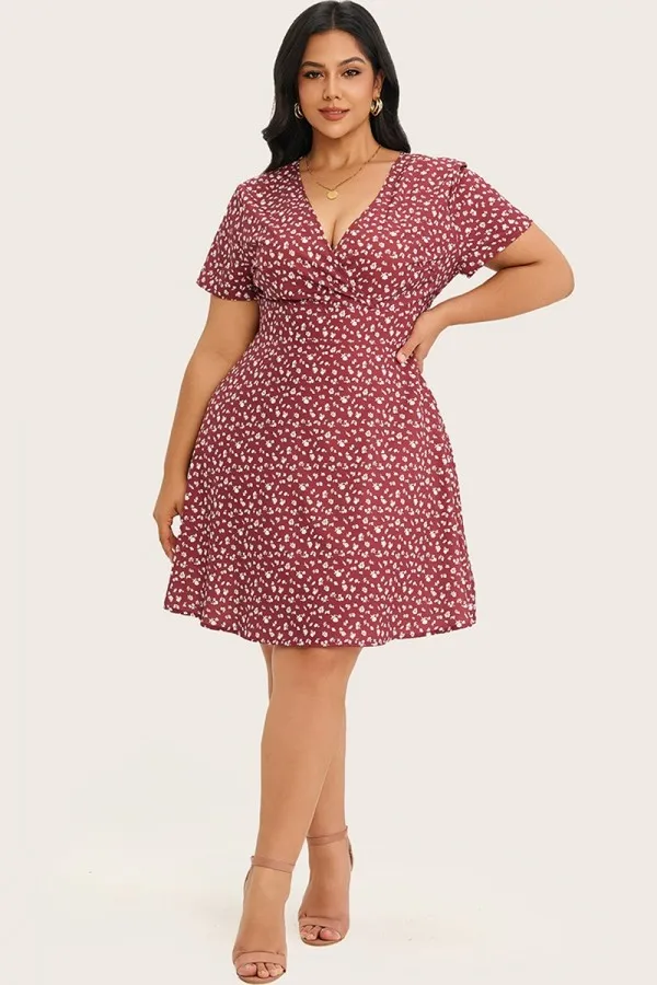 Floral Print A-Line Short Sleeve Midi Dress