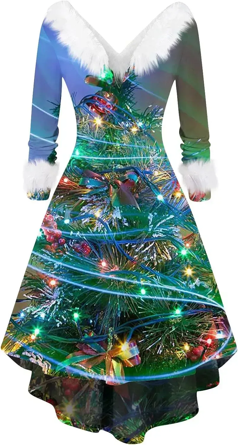 Womens Christmas Dress Fuzzy Mrs Claus Christmas Holiday Xmas Cocktail Holiday Party Flare Dress